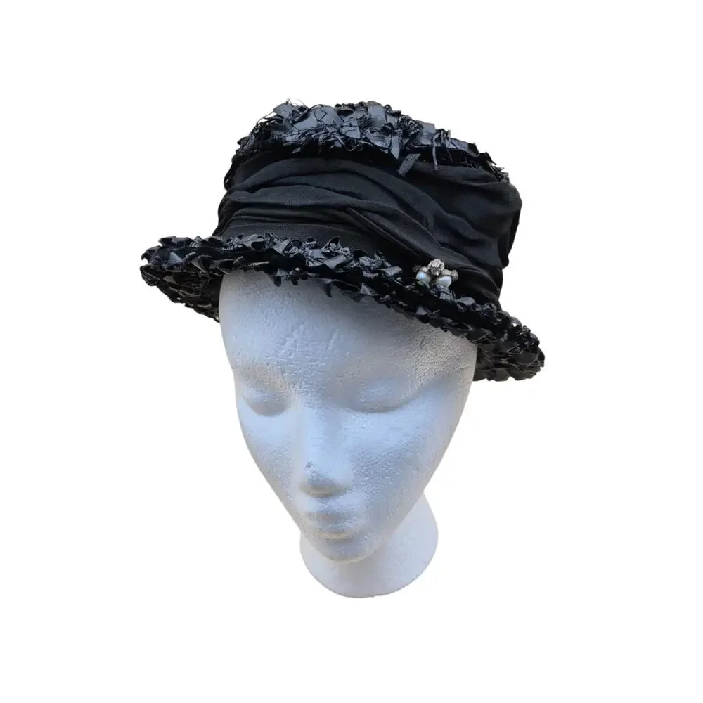 Vintage Womens Black Straw Trilby Hat with Pearl & Rhinestone Pin Accent Small